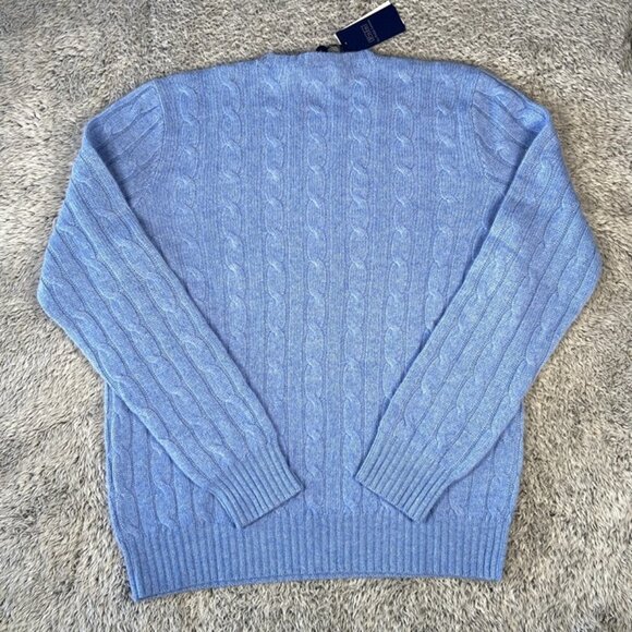 $398 Polo Ralph Lauren The Iconic Cable Knit Cashmere Sweater SZ Large Men Blue - Picture 2 of 9